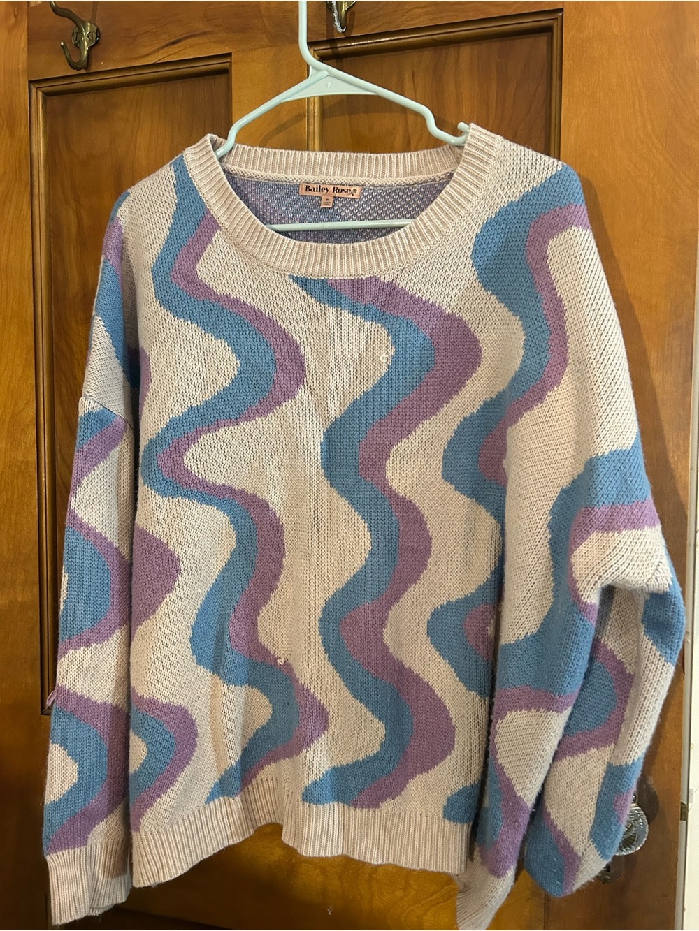 Bailey Rose Wave-Striped Crewneck Sweater in Cream, Blue & Lavender